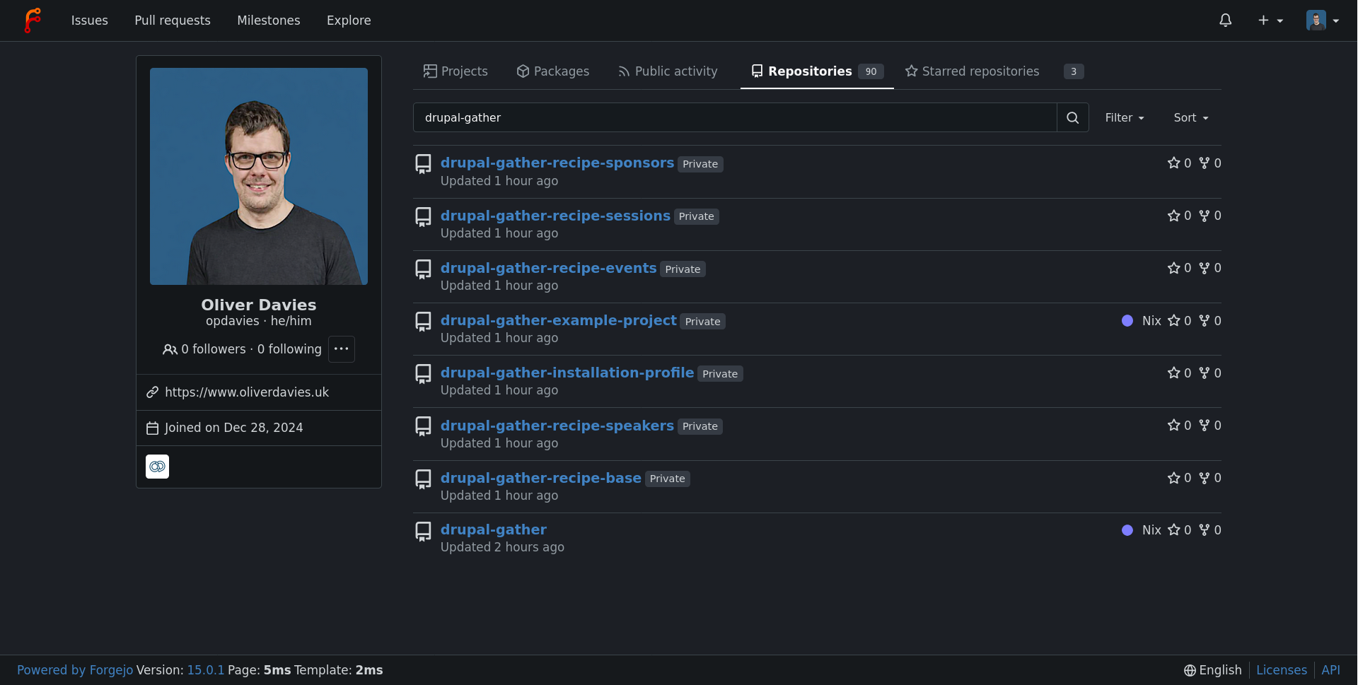 A screenshot of the Drupal Gather repositories on Forgejo